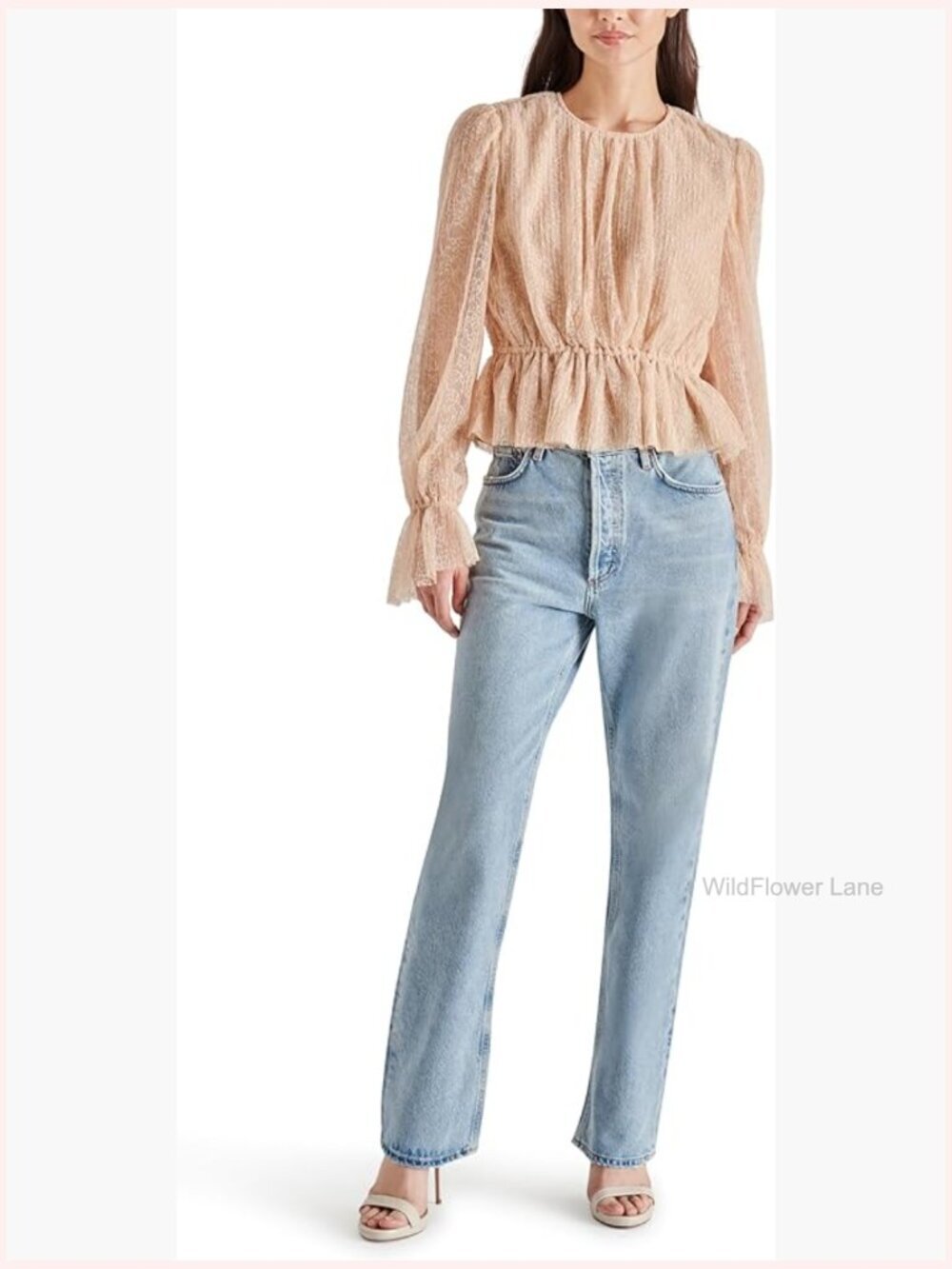 Cream V-Neck Blouse with Lace 3/4 Sleeve Pull On Solid